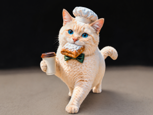 Cotton portrayed as a chef carrying coffee with a powdered beignet in his mouth.