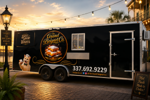 The Grand Beignet Co. black food truck with gold branding and Cotton artwork at sunset.