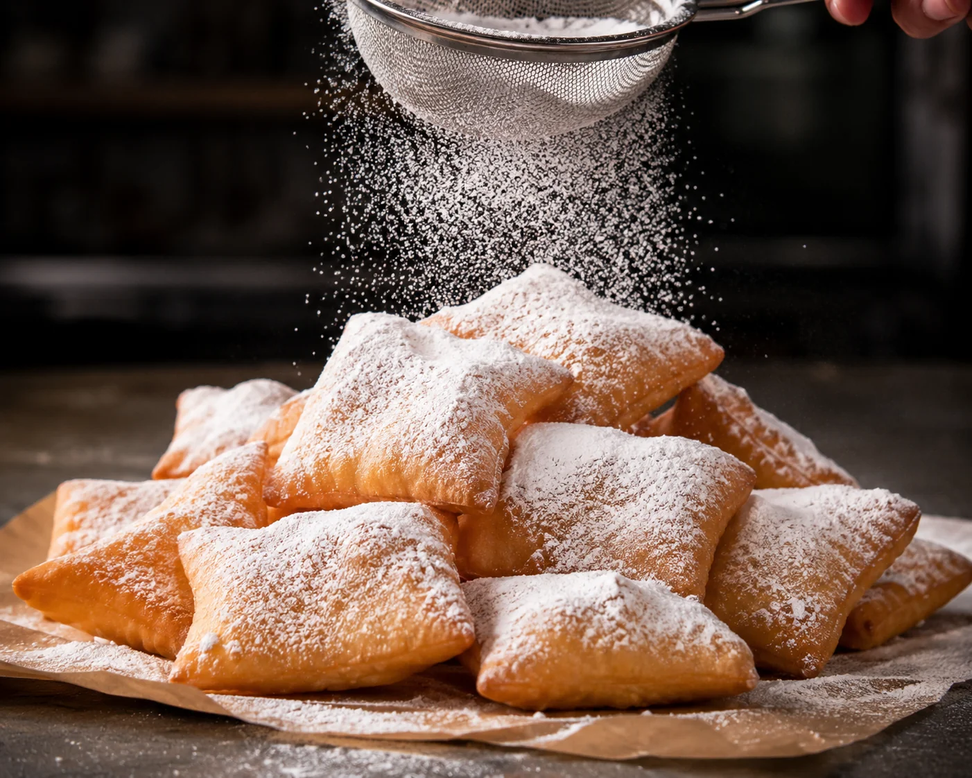 Powdered sugar falling from a sieve onto a stack of golden beignets.